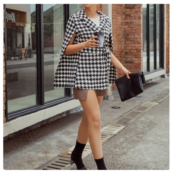 Houndstooth Belted Cape Coat - Picture 2 of 5